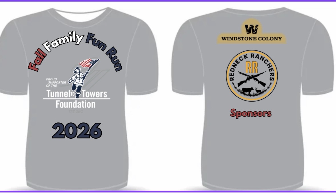 2026 Fall Family Fun Run shirt — Tunnel to Towers on the front, Windstone Colony and Redneck Ranchers on the back